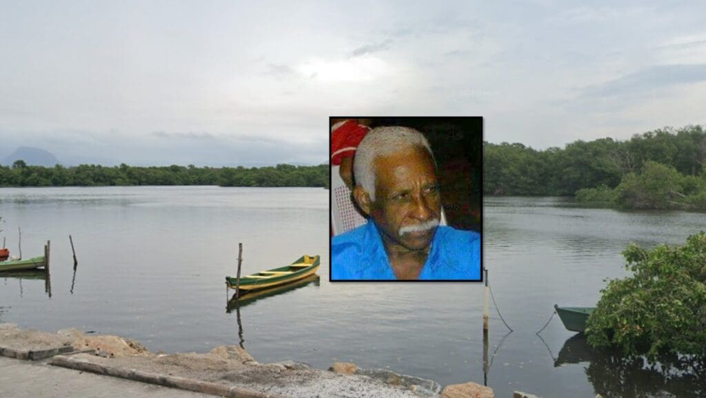 Foto do Manguezal em Vitoria com barcos de pescadores ancorados e a foto do aposentado desaparecido Pedro Ribeiro de 72 anos