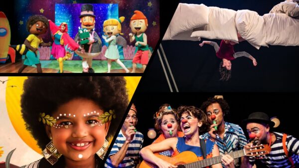 Arte promocional para divulgar festival Mimo para Crianças com quatro atrações, Mundo Bita, Lilica Rocha, Grupo Roda Gigante e Adelly Costantini