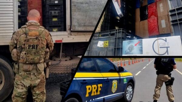 Arte com três fotos mostrando Agentes da Polícia Rodoviária Federal, realizando abordagem a caminhão baú e realizando apreensão cigarros contrabandeados