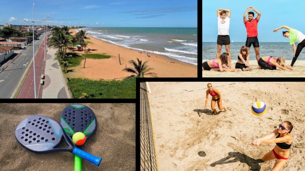 Arte com quatro fotos, uma vista aérea de uma praia, raquetes de tênis de areias sobre a areia da praia, duas mulheres jogando vôlei de praia e cinco pessoas fazendo alongamento na praia com o mar ao fundo