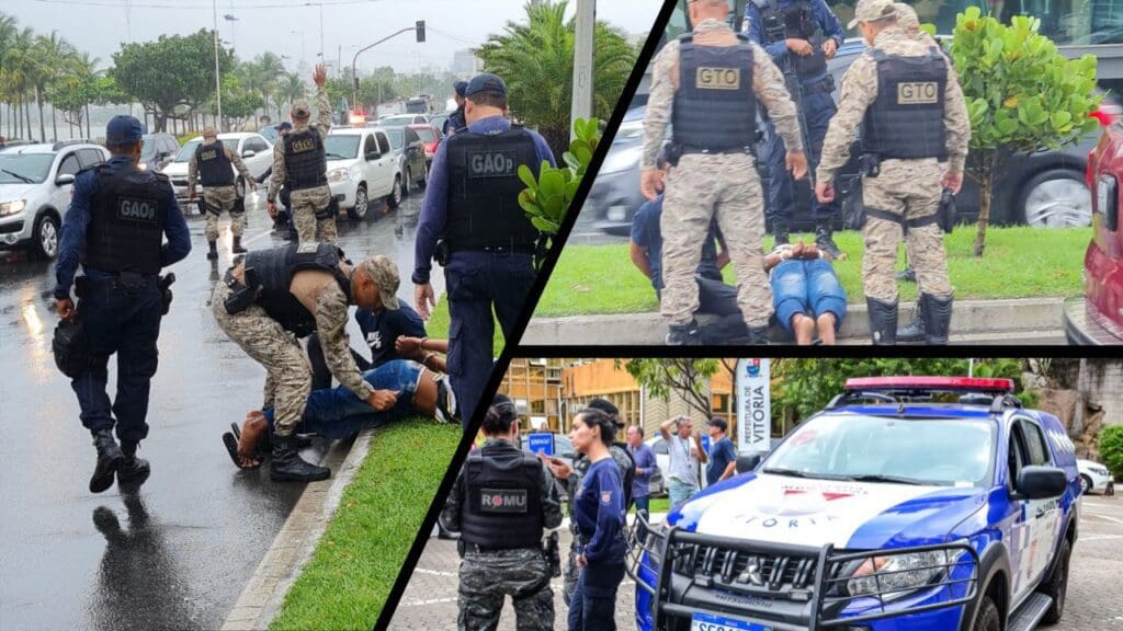 Arte com três fotos em duas fotos agentes da Guarda Municipal de Vitória realizando a prisão de dois homens suspeitos de realizar sequestros relâmpagos, e na última foto dois agentes da Guarda Municipal de Vitória ao lado de uma viatura em frente à sede da Prefeitura de Vitória