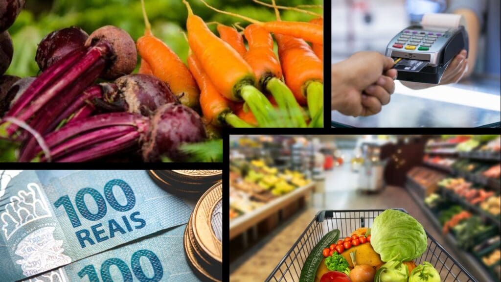 Arte com fotos de uma pagamento feito por cartão com chip, uma foto com cenouras e beterrabas, notas de cem reais e um carrinho de supermercado cheio de verduras e legumes com o fundo desfocado