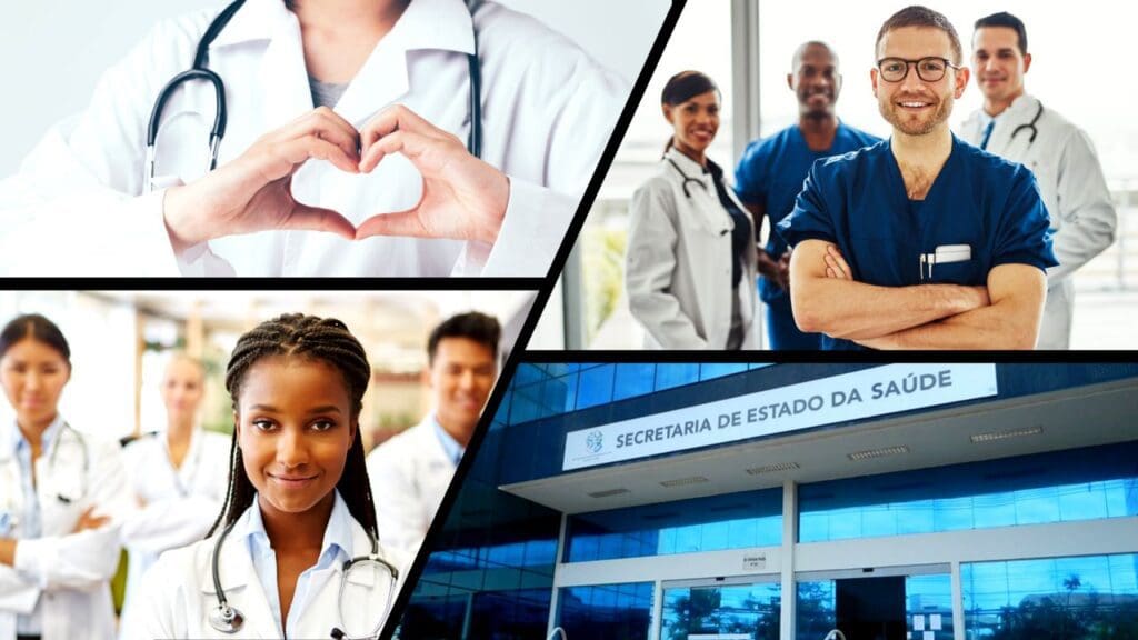 Arte com fotos da sede da Secretaria de Estadual da Saúde e médicos posando para foto