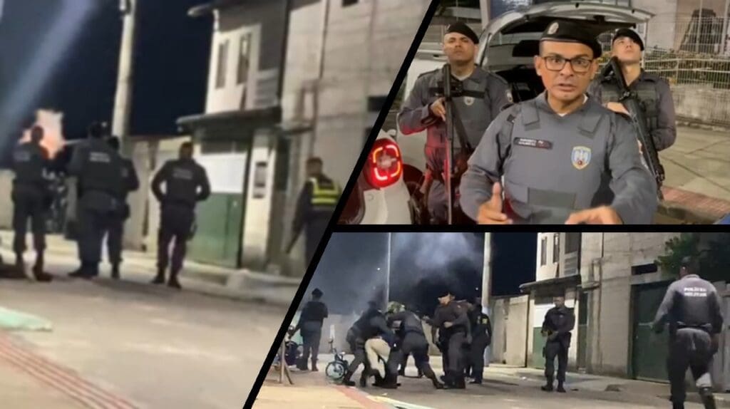 Arte com imagens da apreensão de um traficante em Vila Nova de Colares, na Primeira foto Tropa de elite dispersa a multidão , segunda foto Sargento Mauricio Sousa e na terceira foto a homens da Força Tática imobilizam o traficante