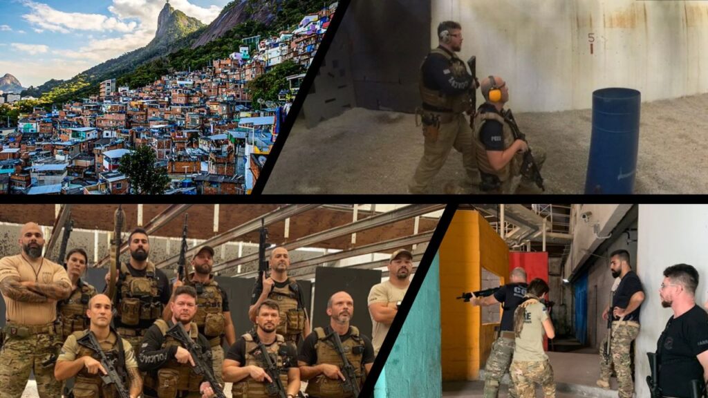 Arte com imagens para divulgar treinamento dos agentes do CORE, Na primeira foto vista de uma favela do Rio Janeiro, na segunda dois agentes armados um abaixado e outro próximo mais atras, próximo a eles um tambor azul, em um treinamento de tiro, Agentes do Core armados pousando para foto dentro de um galpão, e na última dois agentes armados treinando em corredores estreitos para simular os becos de favelas