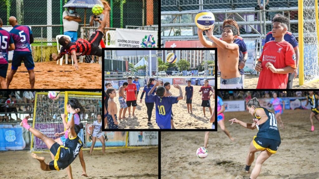 Arte com 5 imagens de atividades esportivas, primeira imagem homem dando uma bicicleta, segunda foto crianças jogando vôlei, terceira imagem jogadora de futebol dando um voleio, na quarta foto uma roda de crianças treinando vôlei, e na quinta foto uma jogadora de futebol no momento de um chute em direção ao gol