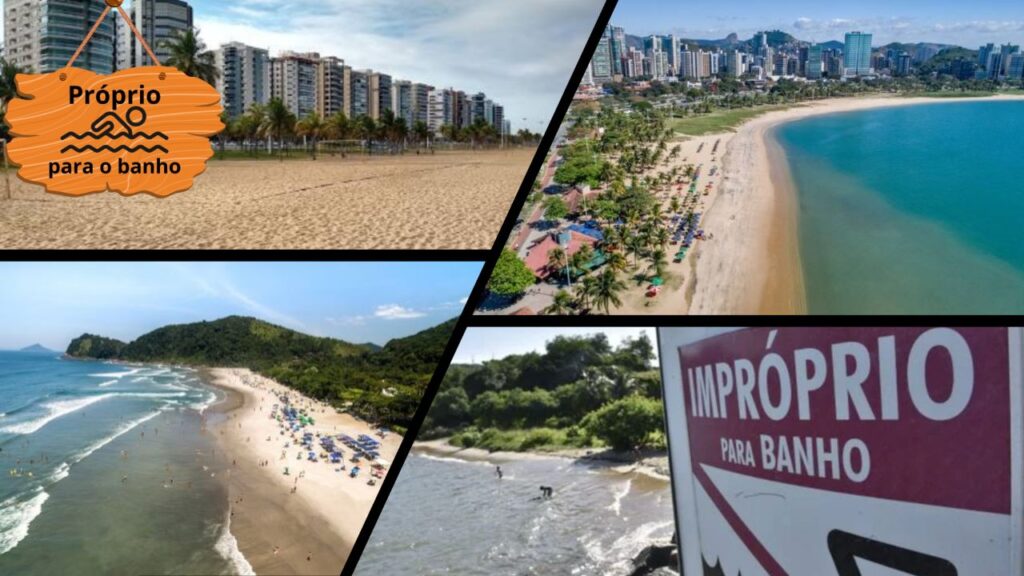 Arte com imagens das praias de Vitória, Em duas fotos placas de próprio para banhos, e em outra praia uma placa de impróprio para banho