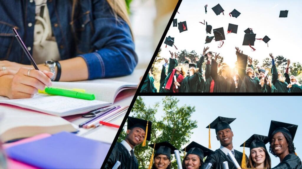 Arte com três imagens de estudantes, na primeira uma moça escrevendo em seu caderno sobre a mesa cadernos e canetas, na segunda foto alunos vestindo suas e jogando os chapeis para cima para comemorar suas formaturas, e na terceira foto seis alunos sorridentes vestindo suas becas segurando seus diplomas posando para a foto