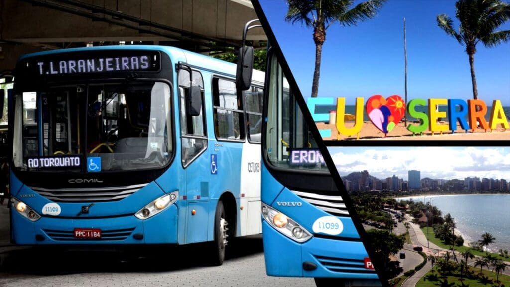 Arte com três fotos na primeiras dois ônibus do Sistema Transcol em um terminal de ônibus, na segunda uma praia com uma escultura de letras com a frase eu amo a Serra e na terceira foto vista aerea da praia de Camburi em Vitória