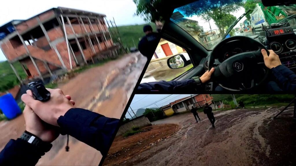 Arte com três fotos na primeira um agente Guarda Civil Municipal com uma pistola na mão em uma rua de terra, na segunda foto imagem de dentro da viatura da Guarda Civil Municipal, e na terceira foto 2 agentes da Guarda Civil Municipal em uma rua de terra molhada