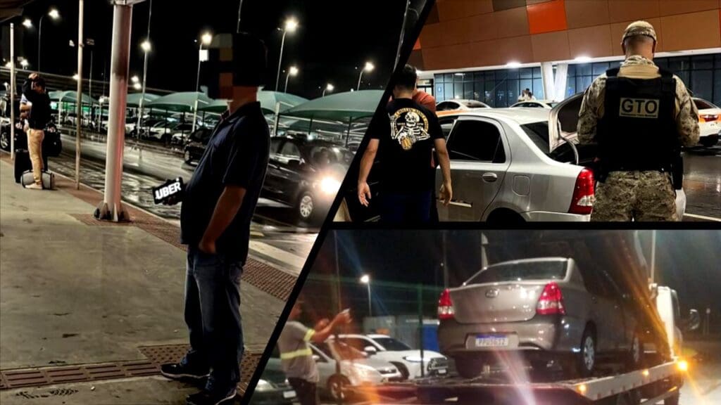 Mosaico com três fotos na primeira um homem segurando um celular fazendo propaganda como se fosse um motorista de aplicativo da UBER, na segunda um carro com porta malas aberto e um soldado Milira ao lado do veiculo fazendo uma vistoria, e na terceira um carro sendo apreendido e sendo colocado em um guincho