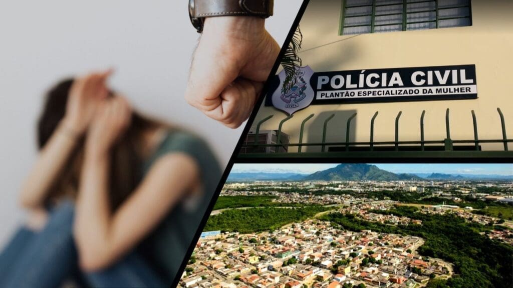 Mosaico com três fotos na primeira uma simulação de agressão, um homem de punho serrado e no fundo desfocado uma mulher sentada com as mãos na frente do rosto, na segunda foto a Delegacia de Laranjeiras especializada em crimes contra mulheres, e na terceira foto imagem aérea do bairro morada das laranjeiras