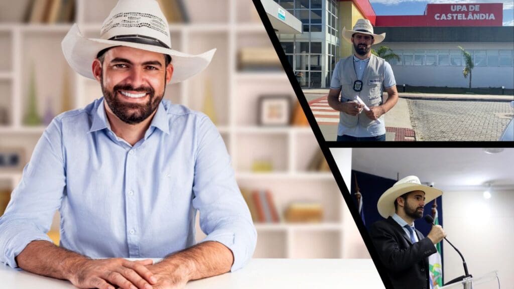 Mosaico com três fotos do Deputado estadual Pablo Muribeca, na primeira foto Pablo Muribeca em uma sala com as duas mão sobre uma mesa na segunda foto Pablo Muribeca parado em frente a uma UPA, prestes a entrar para fiscalizar as condições de uma UPA, e na terceira foto Pablo Muribeca discursando na tribuna da Assembleia Legislativa da Serra