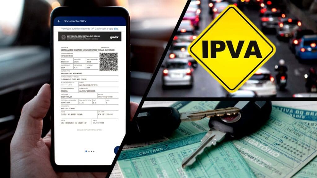 Arte com três imagens na primeira uma pessoa dentro de um automóvel sentada no banco do motorista segurando um celular apoiado no volante e na tela do celular o aplicativo do licenciamento aberto com o fundo desfocado, na segunda imagem uma placa amarela escrita em preto IPVA e no fundo desfocado vemos uma avenida movimentada com diversos automóveis e motos, na terceira foto sobre a mesa uma chave de automovel em cima de documentos de um veículo e uma carteira de Motorista(CNH)