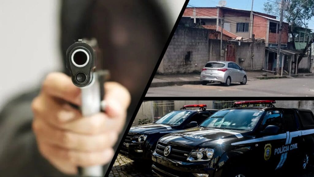 Arte com três imagens para ilustrar o assalto com reféns ocorrido no bairro de Nova Carapina I na primeira um homem de capuz segura uma pistola apontada em direção a tela/câmera, a arma está em destaque enquanto o homem está desfocado, na segunda foto um automóvel prato está estacionado em frente a uma residência no bairro de nova carapina, e na terceira imagem 2 viaturas da policia civil do espirito santo estacionadas em um pátio de delegacia