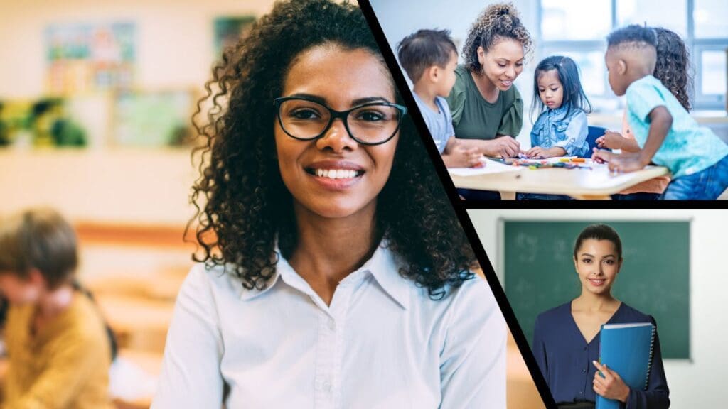 Arte com três imagens na primeira uma professora sorridente e ao fundo uma sala de aula desfocada, a segunda uma mulher sorridente rodeada de crianças e na terceira foto uma professora segurando uma pasta azul e ao fundo uma lousa verde desfocada