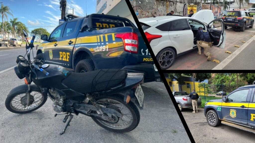 Arte com três fotos na primeira imagem uma viatura da Polícia Rodoviária Federal estacionada na BR-101 e em frente a viatura uma moto adulterada, na segunda imagem um Ford Focus branco parado com as portas e capo aberto e agentes da Polícia Rodoviária Federal, fazendo uma vistoria completa no veículo e na terceira imagem uma viatura da Polícia Rodoviária Federal estacionada e um pouco a frente um veículo Fiat Strada prata