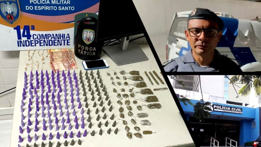 Arte com três imagens, na primeira sobre a mesa da 3ª Delegacia Regional da Polícia Civil do estado do Espírito Santo centenas de entorpecentes entre eles pinos de cocaína sacos com maconha e pedras de crack, na segunda foto Sargento do 14ª Companhia Independente Mauricio Sousa e na terceira foto entrada da 3ª Delegacia Regional da Polícia Civil do estado do Espírito Santo