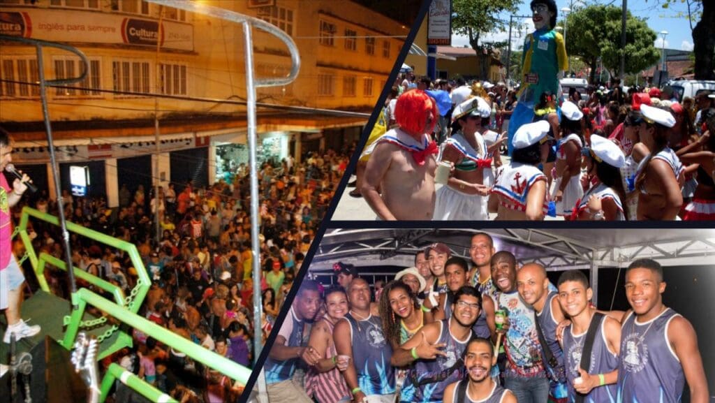 Arte com 3 imagens na primeira um palco e uma multidão curtindo o carnaval, na segunda imagem Foliões fantasiados curtindo o carnaval, e na terceira foliões posando para uma foto