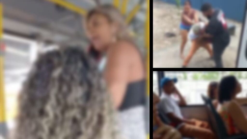 Arte com três imagens que estão desfocadas para garantir a integridade dos envolvidos na primeira uma mulher segurando um celular, na segunda um homem sendo detido por outras pessoa e na terceira imagem pessoas sentadas em bancos de um onibus