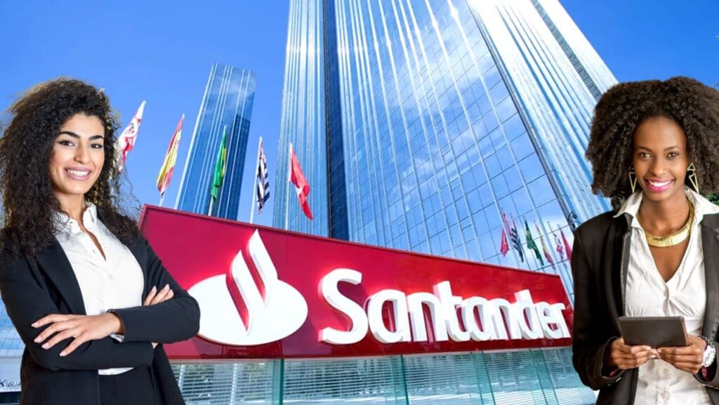 Arte com duas mulheres nos cantos da foto e ao fundo o prédio sede do Grupo Santander em São Paulo