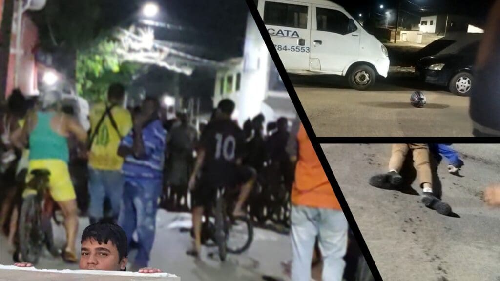 Multidão em volta do corpo da vítima