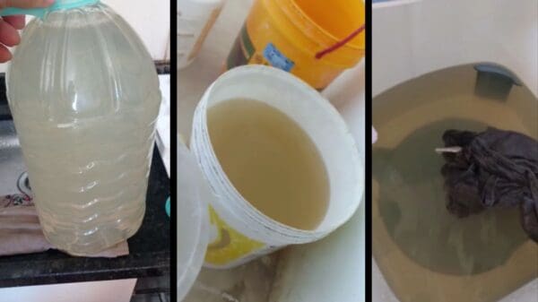 Imagens de garrafas baldes e recipientes com água suja