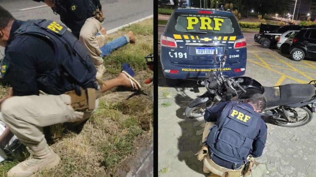 PRF detendo os menores e checando a moto roubada