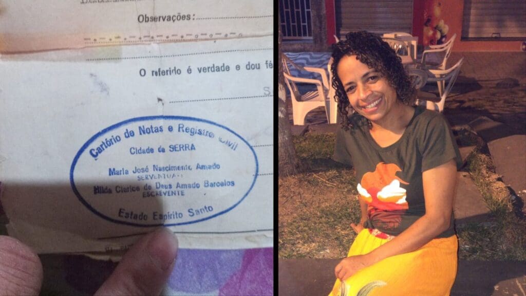 Mulher de Minas Gerais pede ajuda para reencontrar seu pai biológico na Serra Certidão de nascimento e Maura Oliveira de Souza