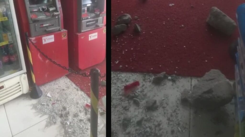 Homem “empombado” destrói caixa eletrônico ao tentar sacar dinheiro para curtir o carnaval na Serra caixa destruído em Jardim Tropical