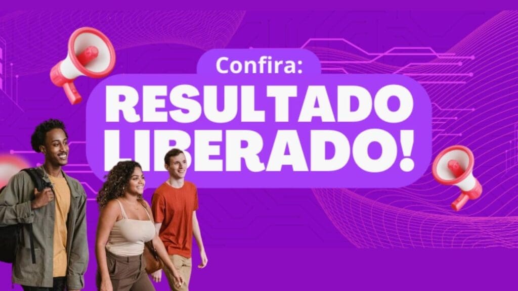 Arte de divulgação da lista dos resultados das vagas do Programa Qualificar ES, fundo rosa com três jovens estudantes, do lado esquerdo e centralizado os dizeres: confira resultado liberado!