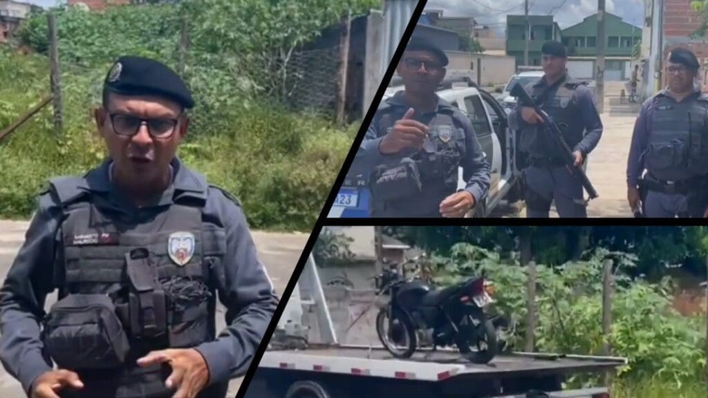 Arte com teres imagens na primeira, Sargento Mauricio em uma rua de Nova Almeida, na segunda foto Sargento Mauricio ao lado de dois militares e uma viatura, e na terceira foto motocicleta em cima de um guincho