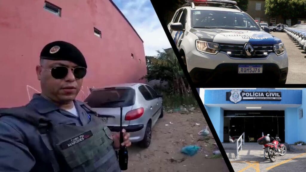 Arte com três imagens na primeira Cabo Marques ao lado de um veículo Peugeot 206 clonado, na segunda imagem uma viatura da Policia Militar, na terceira imagem a entrada da 3ª Delegacia Regional localizada na Serra