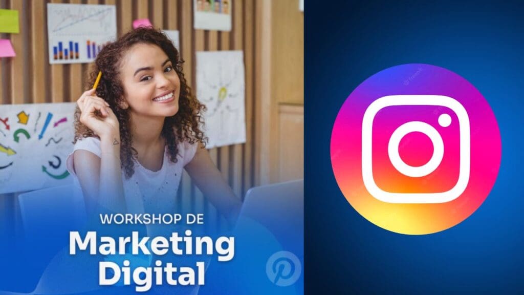 Arte com a foto de Thalia Manteufel uma jovem sorridente de segurando um lapis com a chamada Workshopping de Marketing Digital do lado dieito o simbolo do Intagram