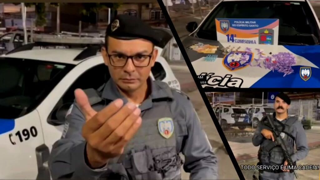 Arte com três imagens na primeira o Sargento Mauricio Sousa, com das mãos estendidas fazendo o sinal de vem? na segunda imagem entorpecentes apreendidos sob o capô da viatura no Bairro das Laranjeiras, e na terceira o militar Scamparle em pe ao lado da viatura da Policia Militar com a legenda todo serviço é uma cadeia