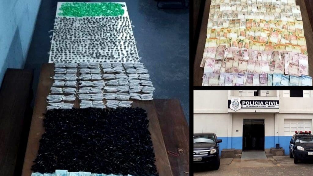 Arte com três imagens na primeira sobre uma mesa de madeira 1.649 pinos de cocaína e 909 buchas de maconha, na segunda foto na mesma mesa R$ 10.420,00 em espécie e na terceira imagem a 13ª Delegacia Regional, localizada no centro de Aracruz