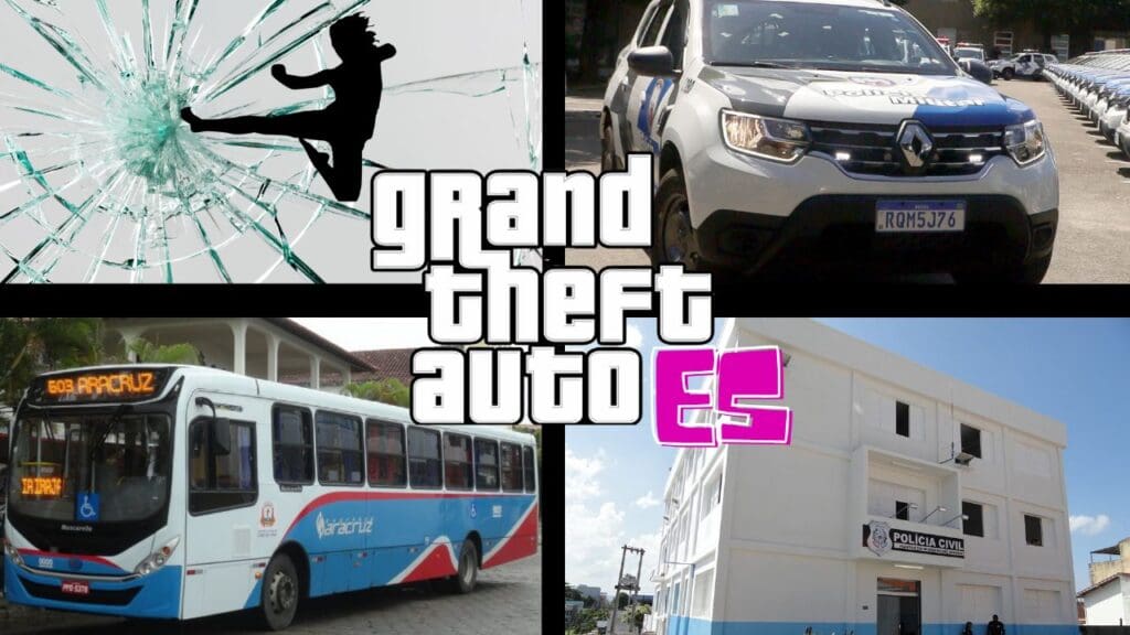 Arte com 4 imagens referenciando o jogo de video-game GTA, na primeira imagem uma sombra de um homem dando uma voadora em um vidro que está se quebrando, na segunda imagem uma viatura da PM, na terceira um ônibus da viação Expresso Aracruz, e na quarta imagem, o prédio sede da Delegacia Regional de Aracruz