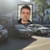 Foto com 5 carros estacionados no patio da Policia Civil, e centralizada no meio uma foto d rosto de um homem de 33 anos suspeito de aplicar estelionatos na cidade da Serra