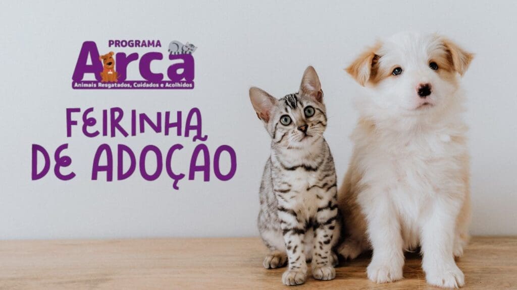 Arte com uma imagem de ym filhote de cão ao lado de um filhote de gato, com a logo do Projeto Arca e a legenda feirinha de adoção