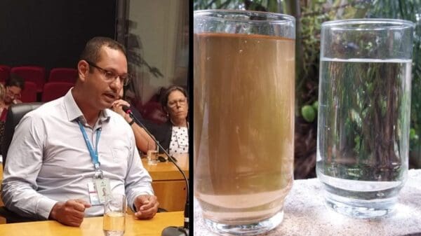 Arte com duas imagens, na primeira o gerente da CESAN, Carlos Augusto Dilem, Na 2º imagem um copo com água barrenta ao lado de outro copo com água limpa e cristalina