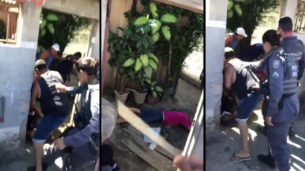 Arte com 3 imagens, na primeiras moradores agridem dois criminosos, na segunda imagem um criminosos deitado no chão com as mão na cabeça, e na terceira imagem dois Policiais tentando segurar um morador revoltado, agredindo um assaltante caido no chão