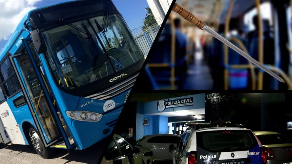 Arte com três imagens na primeira um ônibus do sistema Transcol, na segunda imagem um espeto de churrasco e no fundo um interior de ônibus desfocado e na terceira imagem a entrada da delegacia regional localizada na cidade da Serra-ES