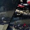 Arte com 3 imagens na primeira um criminoso, usando uma micha para roubar uma moto vermelha em uma rua sem movimento, na 2ª imagem uma moto Honda Twister vermelha, e na 3ª imagem o ladrão em cima da moto furtando o veiculo