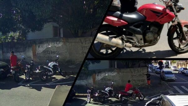 Arte com 3 imagens na primeira um criminoso, usando uma micha para roubar uma moto vermelha em uma rua sem movimento, na 2ª imagem uma moto Honda Twister vermelha, e na 3ª imagem o ladrão em cima da moto furtando o veiculo
