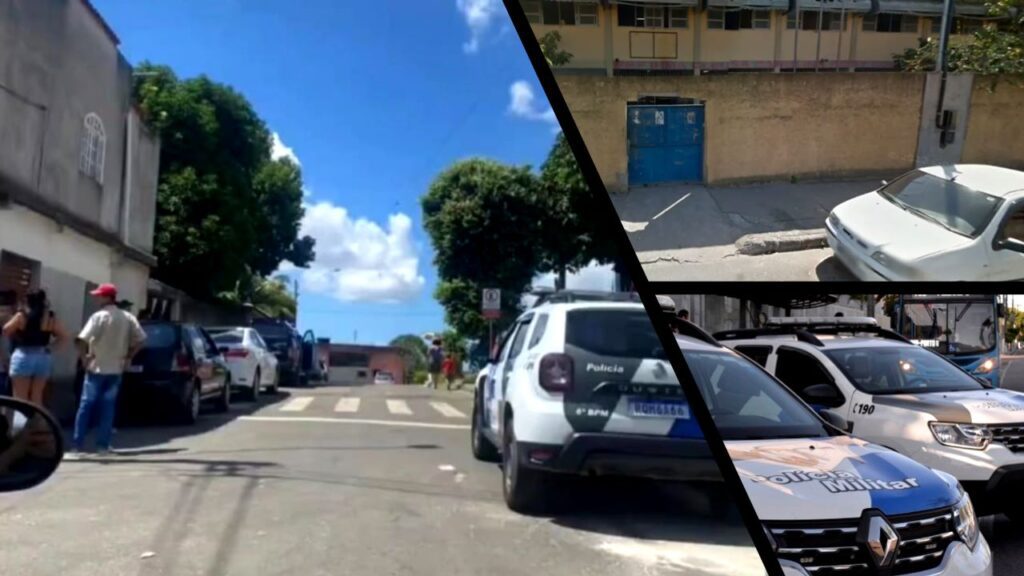 Arte com 3 imagens, na 1ª imagem uma rua com pais em frente a um portão da escola Escola Municipal de Ensino Fundamental (EMEF) Irmã Cleusa, e do outro lado da rua uma viatura da PM na 2ª imagem a frente da escola com um muro bege e um portão azul de ferro, com um veículo branco em frente, na 3ª imagem duas viaturas da policia Militar estacionas lado a lado em uma rua com um ônibus azul do Sistema Transcol passando ao lado das viaturas