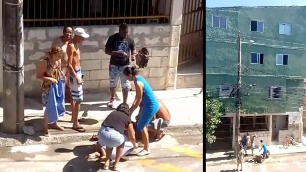 Arte com 3 imagens, na primeira uma mulher que se jogou do 3ª andar, caída no chão e envolta dela vizinhos prestam socorro a vítima, na segunda imagem a foto panorâmica do prédio que a mulher se jogou