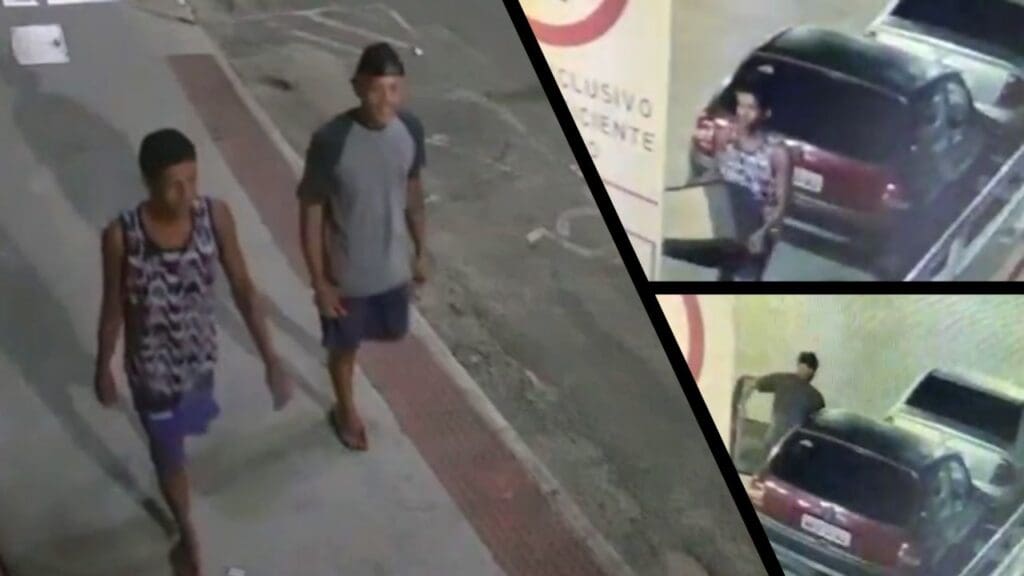 Arte com 3 imagens, na 1ª dois homens andando tranquilamente em uma calçada, antes de realizar o furto, na 2ª imagem um dos criminosos carregando a caixa de som do veículo, e na 3ª imagem um criminoso abrindo a porta dianteira esquerda do veiculo.