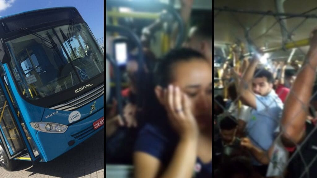 Arte com três imagens na primeira imagem, um ônibus do Sistema Transcol, nas outras duas imagens dezenas de pessoas dentro de um onibus superlotado