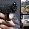 Arte com 3 imagens, na primeira um homem de capuz segurando uma pistola com as duas mãos, na segunda imagem uma viatura do Departamento Medico Legal (DML) e na terceira uma viatura da Policia Militar