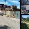 3 imagens na primeira uma rua com um carro estacionado, na segunda 2 viaturas da PM, e na terceira imagem uma estrada de terra